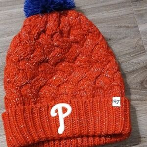 47 Red Phillies Cable Knit Beanie with Blue Pom
